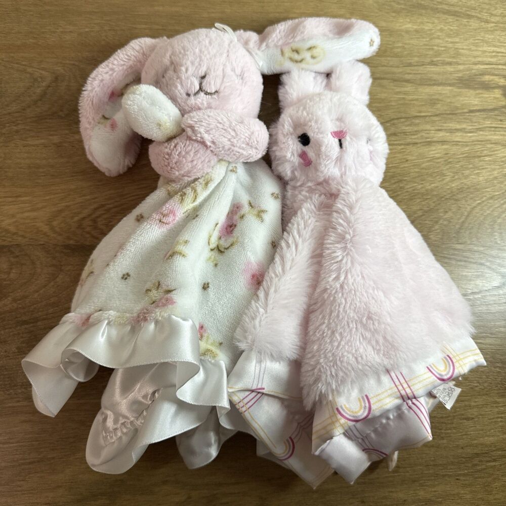 Lot 2 Parents Choice Little Me Pink Bunny Plush Security Blanket Lovey Rattle